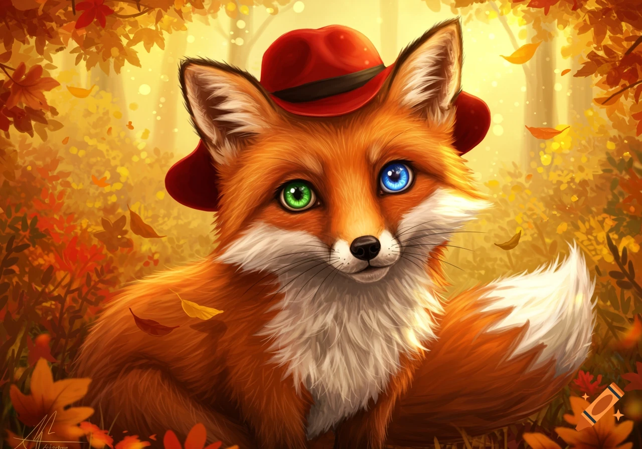 A cute, stylized fox wearing a red hat, with one green eye and one blue eye, in an autumn forest.