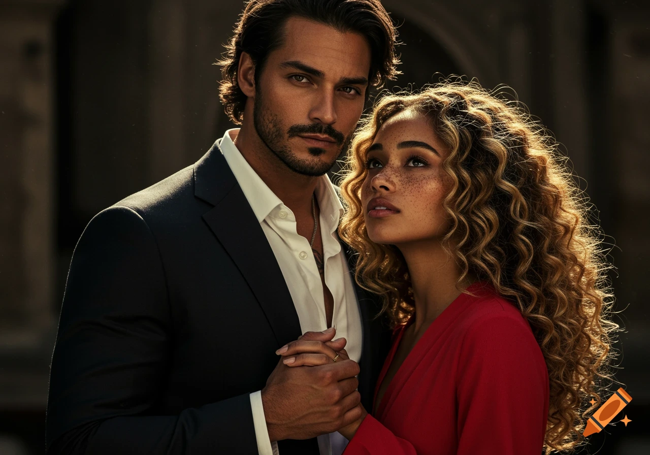 Photorealistic portrait of a handsome man in a suit and a woman with curly hair in a red dress, holding hands.
