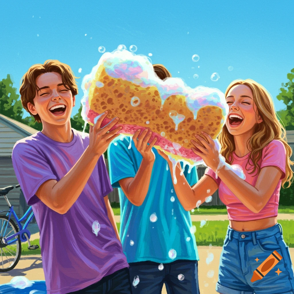 Three laughing teenagers, two boys and a girl, hold a giant, sudsy sponge under a bright blue sky in a vibrant illustration.