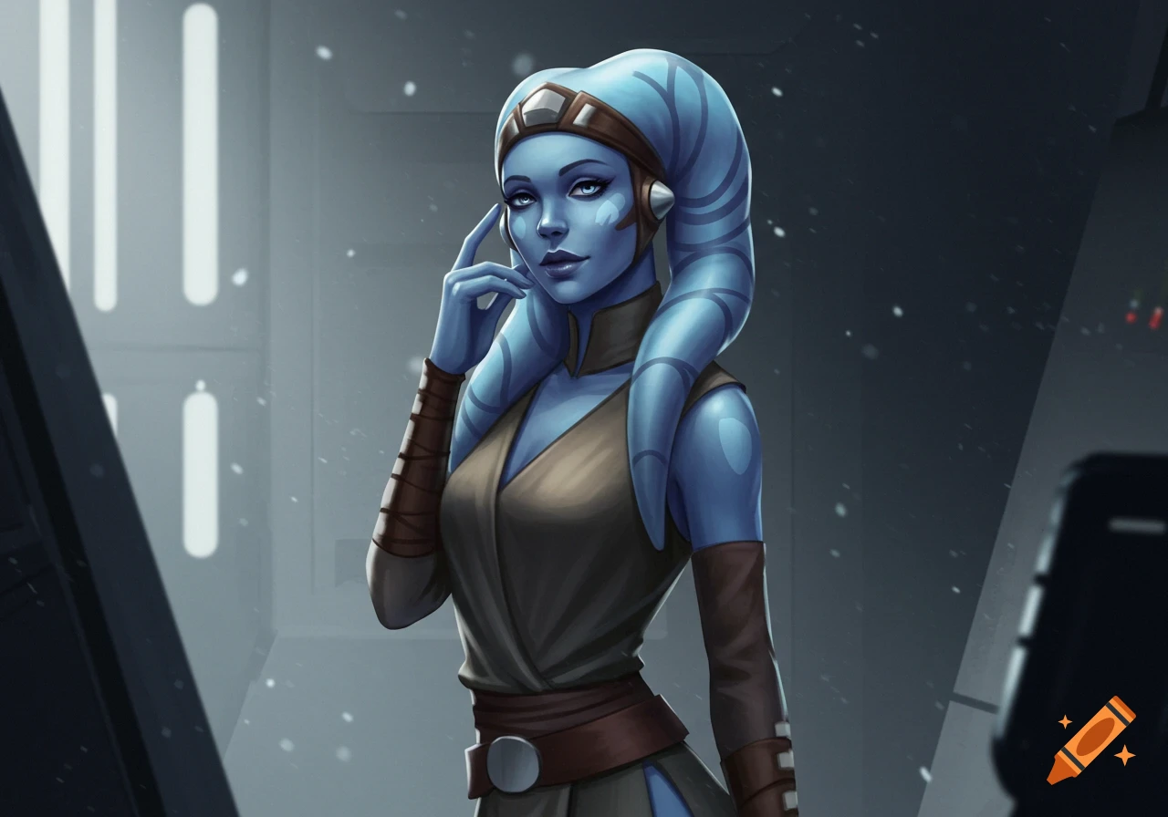 A blue-skinned Twi'lek woman with lekku and a head wrap stands in a spaceship interior. Digital art style.