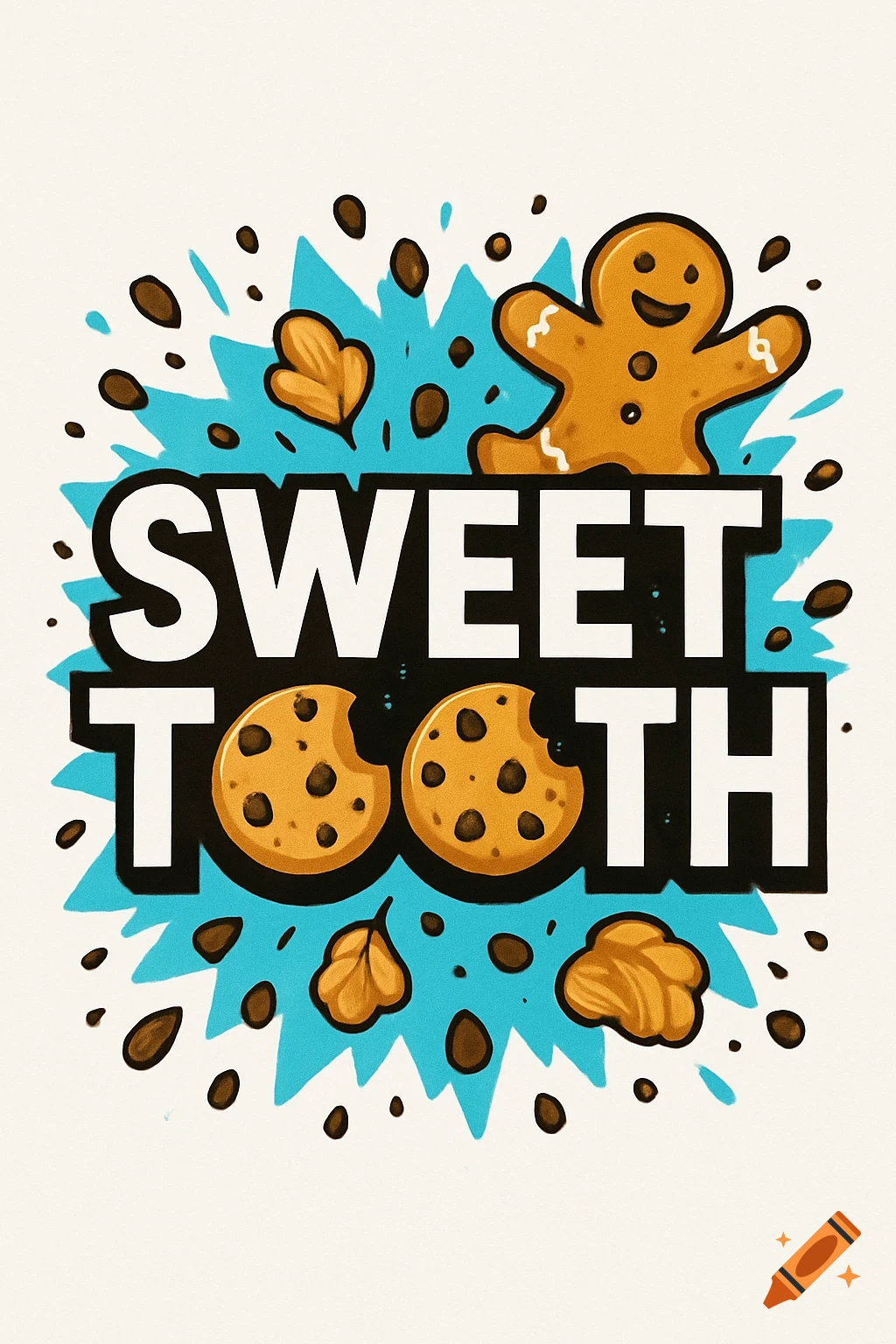 Stylized illustration with white text SWEET TOOTH, cookies as O's, a gingerbread man, and chocolate chips on a blue splash background.