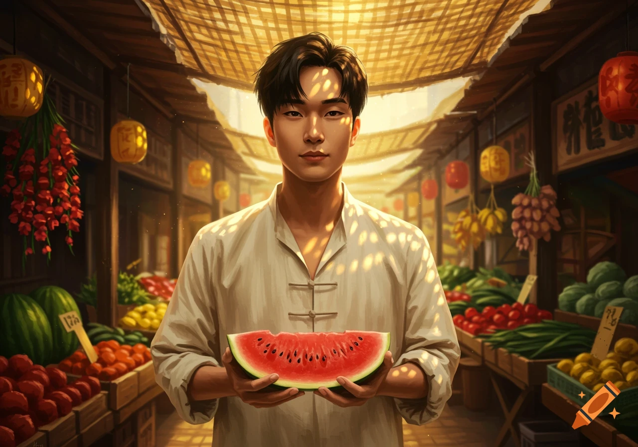 An illustration of an Asian man in a traditional market, holding a slice of watermelon and looking directly forward.