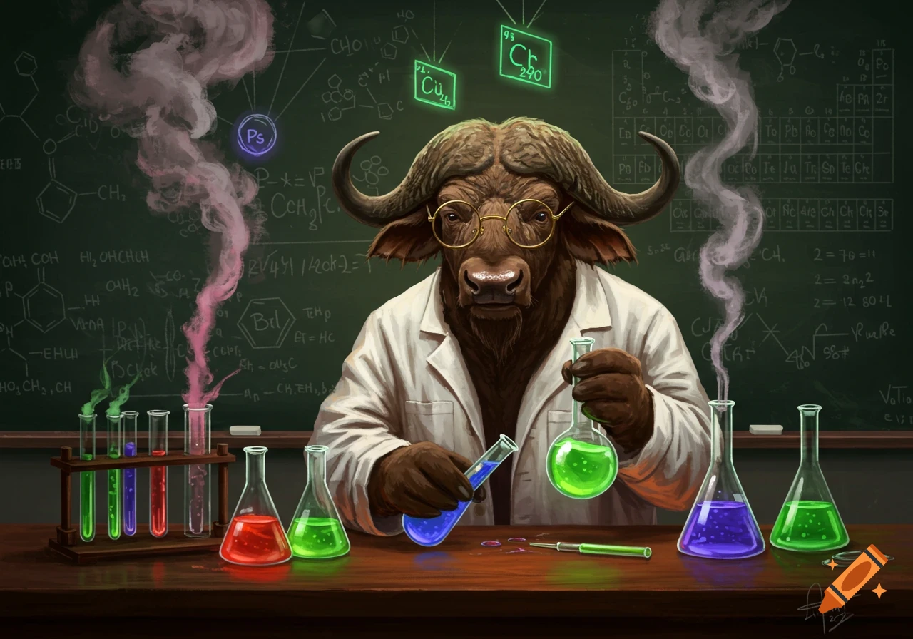 An anthropomorphic buffalo in a lab coat mixes colorful chemicals in a chemistry lab, with a blackboard full of equations in the background.