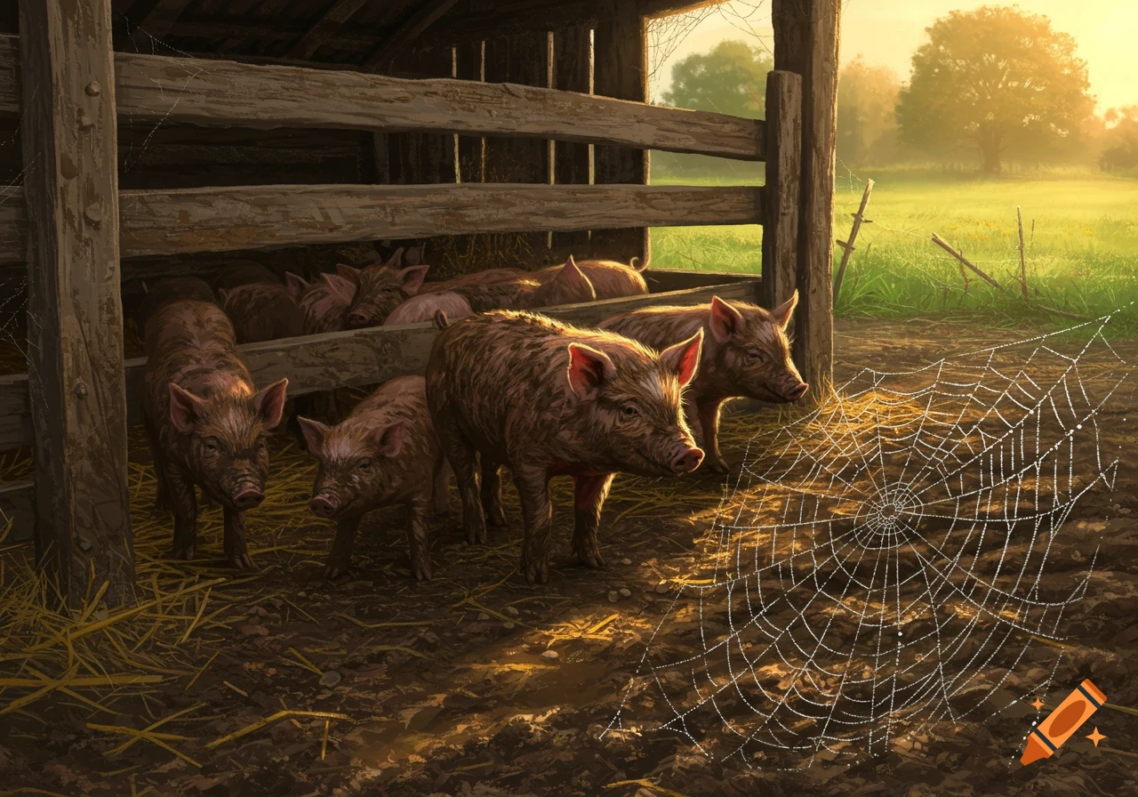 Pigs in a muddy barn pen with a large spider web in the foreground, and a sunny field in the background.