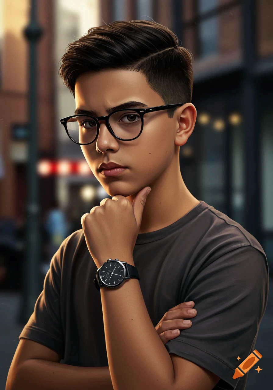 A young boy with dark hair and black glasses poses with his hand on his chin, wearing a dark t-shirt and a watch, in a photorealistic style.