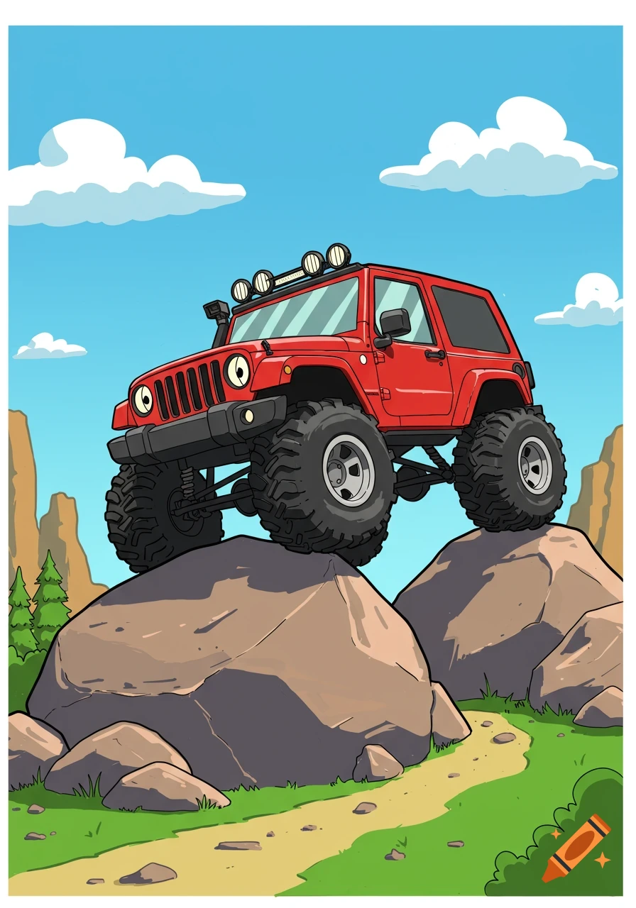 A cartoon red Jeep with large tires climbs over rocks in a green landscape under a blue sky.