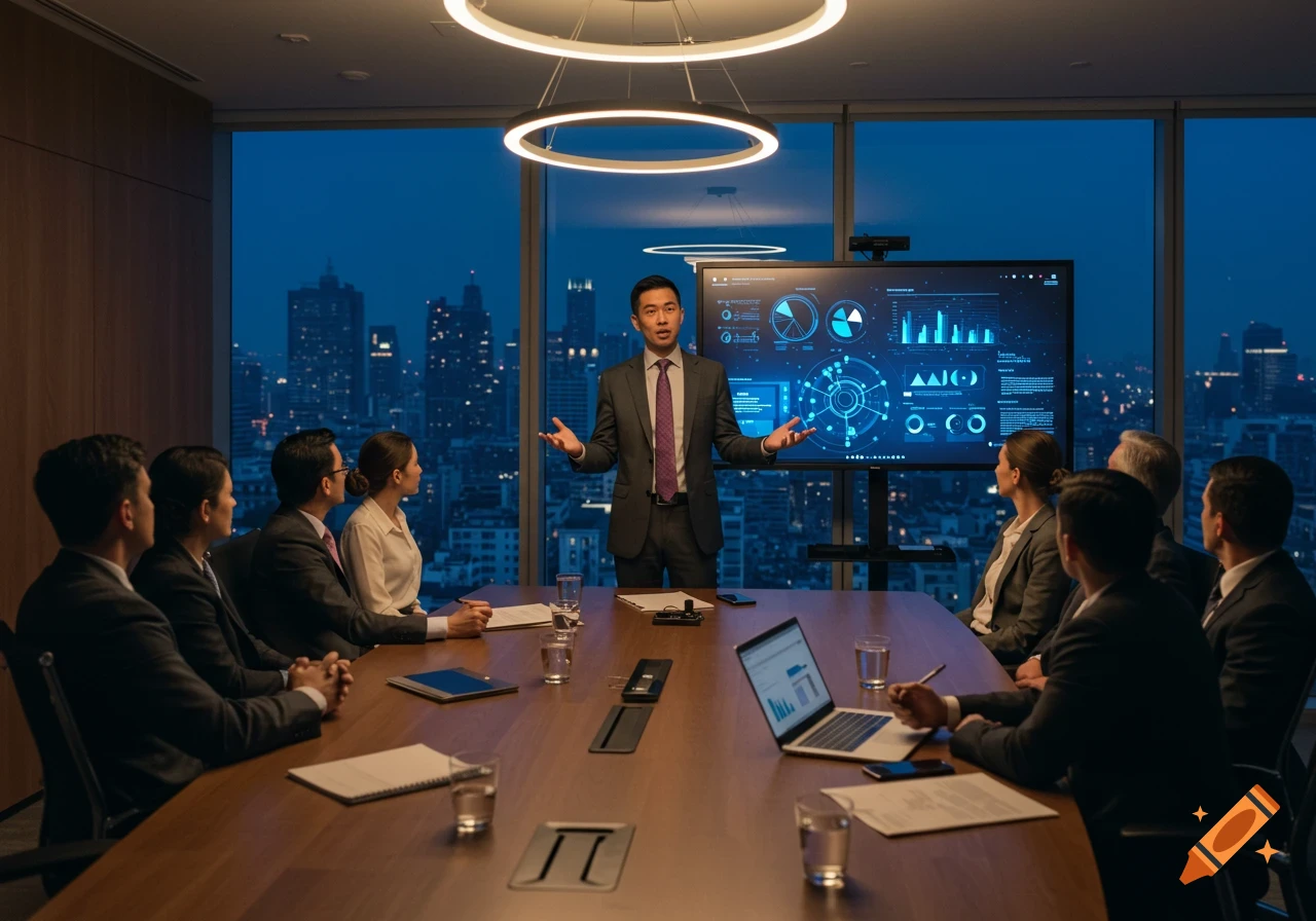 A man gives a presentation to a business group in a modern conference room with a city skyline at night, photorealistic.
