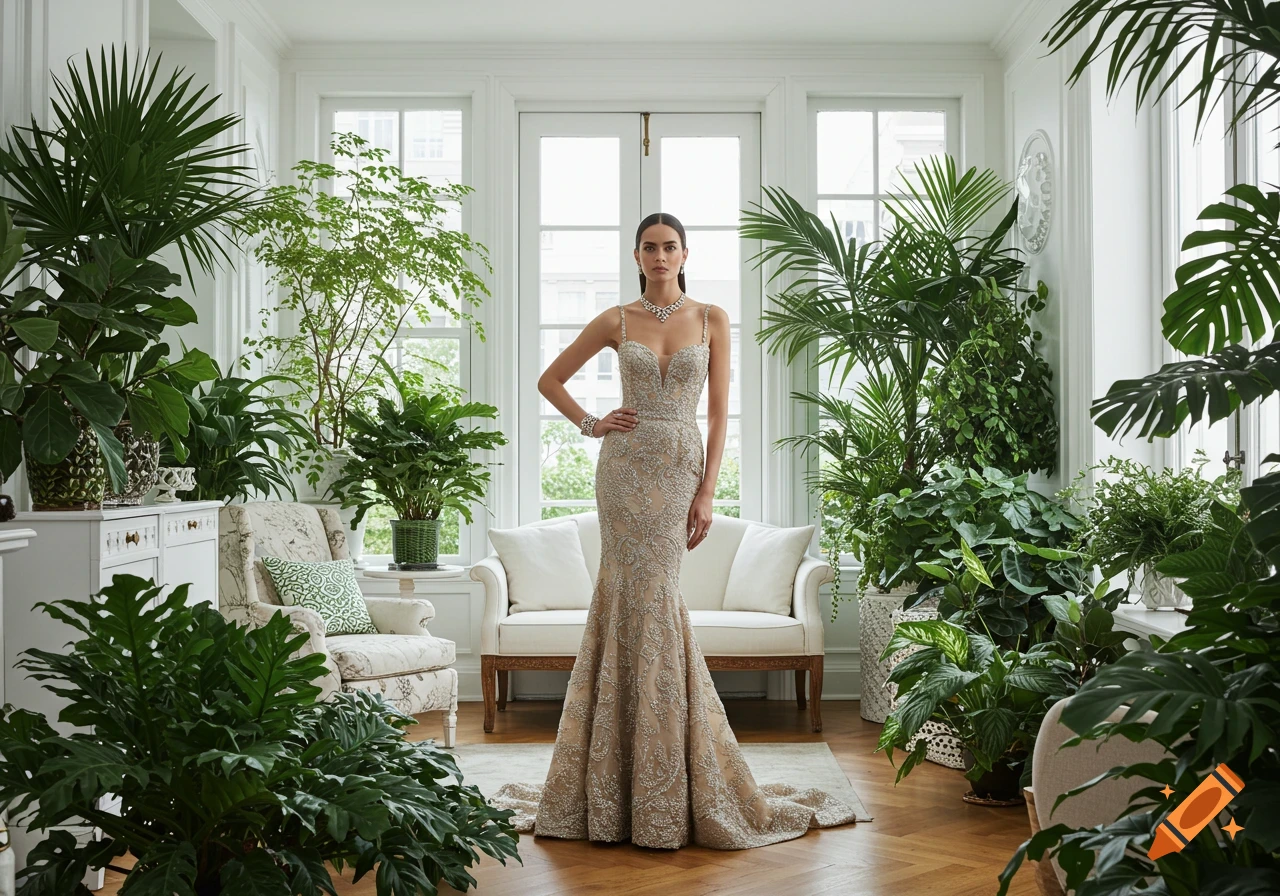 A stunning woman in an embellished champagne-colored mermaid gown poses elegantly in a bright room filled with various green houseplants.