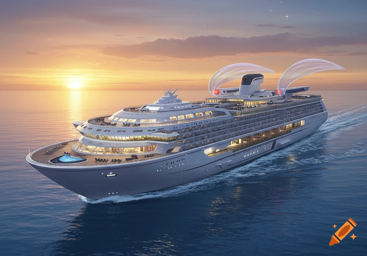 A futuristic cruise ship with large, wing-like structures sails on a calm ocean at sunset.