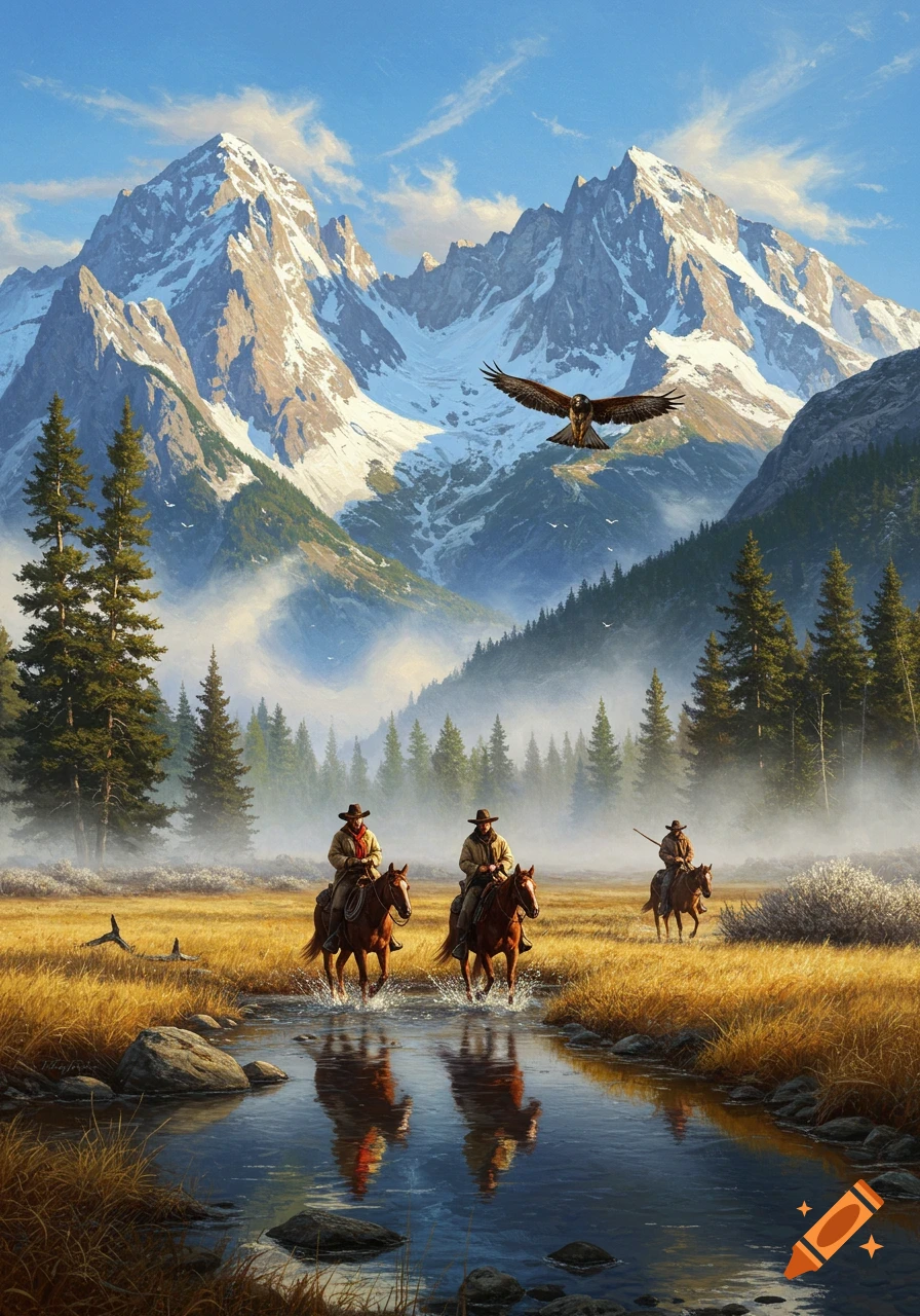 Three cowboys ride horses through a stream in a misty mountain valley with snow-capped peaks. An eagle soars overhead.