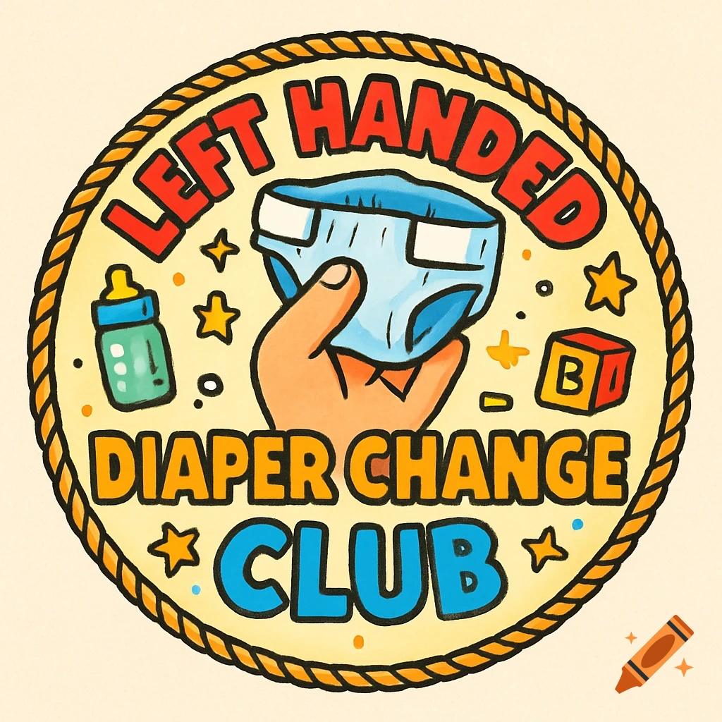 Cartoon circular badge with a rope border, featuring a hand holding a diaper, a baby bottle, and a block, with the text 'LEFT HANDED DIAPER CHANGE CLUB'.