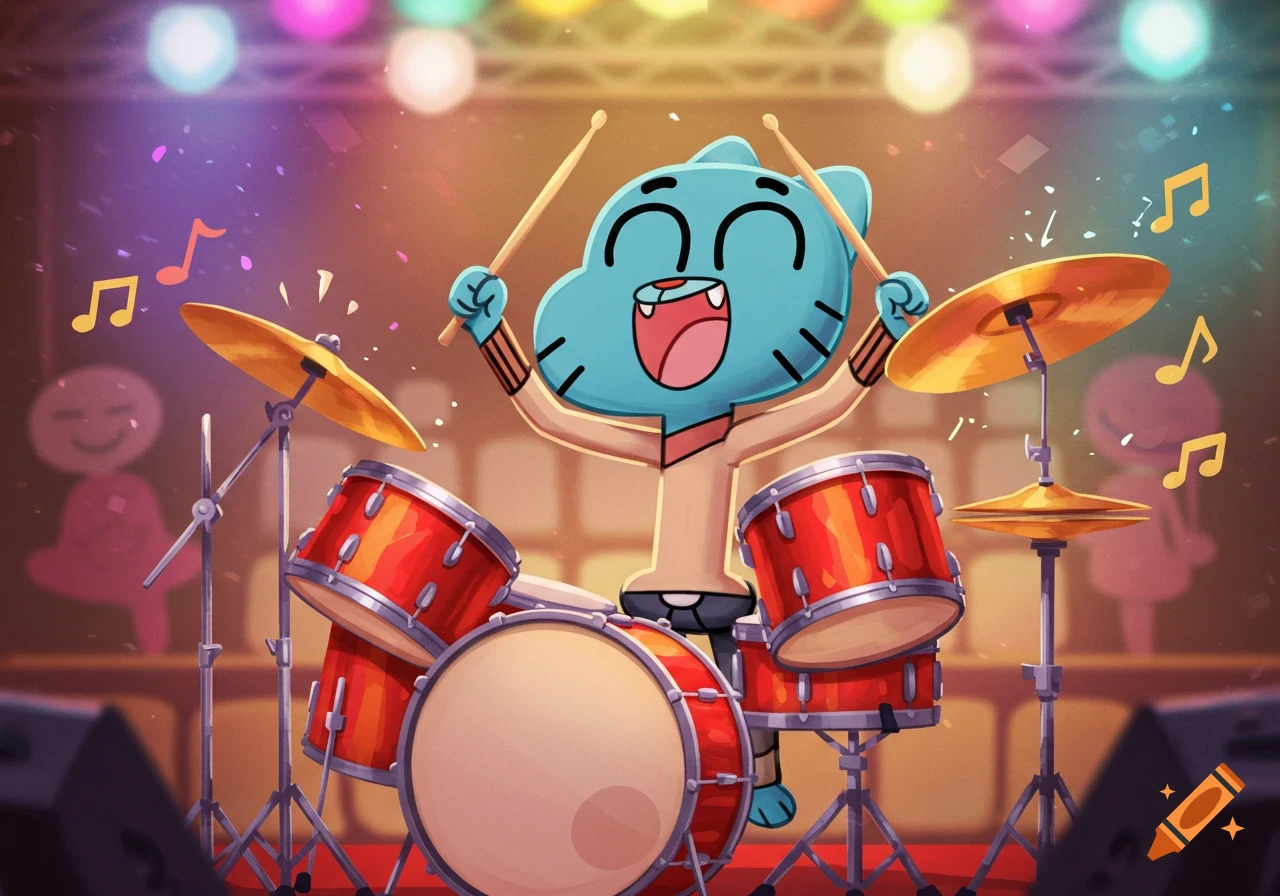 A blue cat-like cartoon character, Gumball Watterson, happily plays a red drum set on a stage with colorful spotlights. Musical notes float around him.