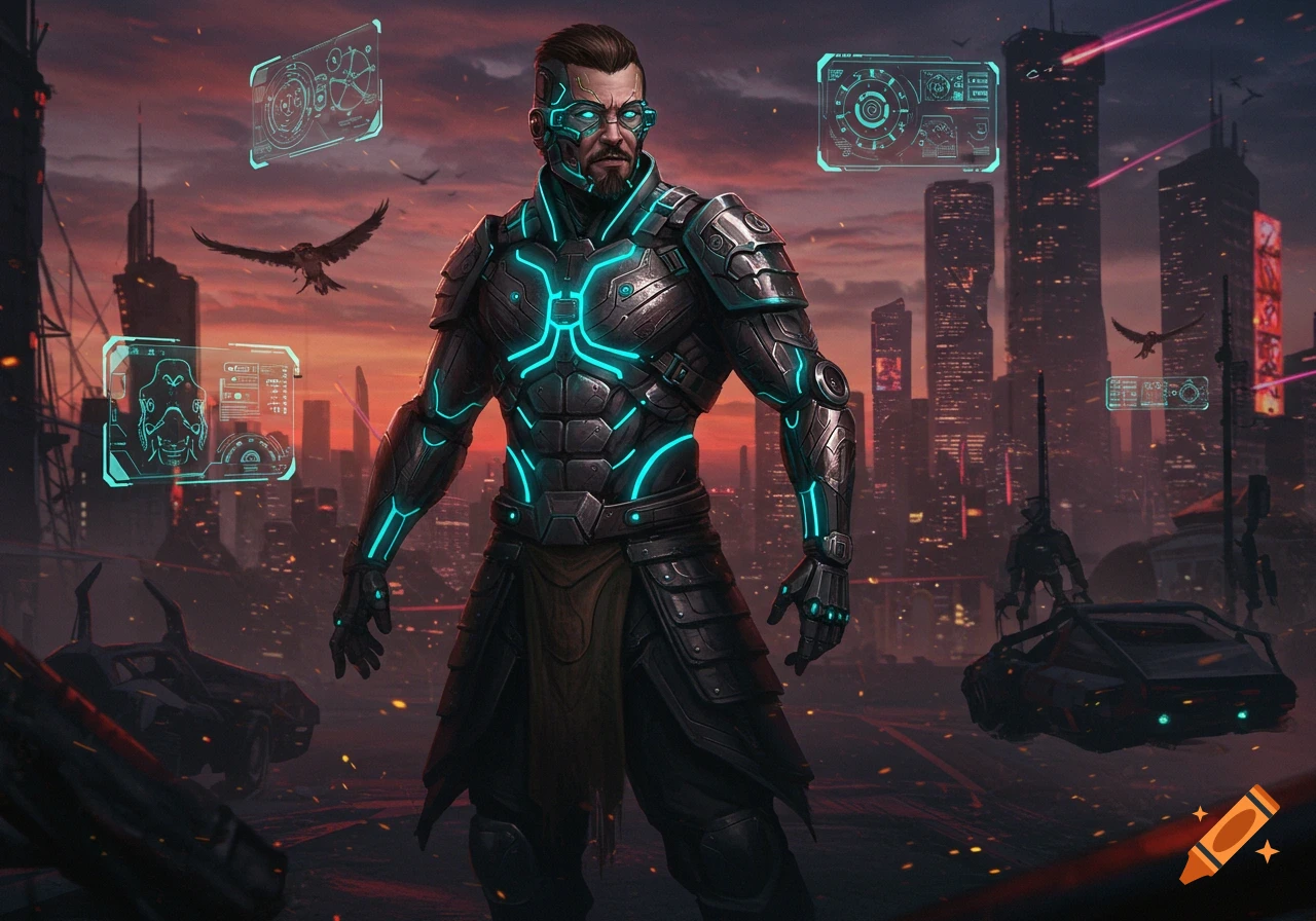 A futuristic warrior in glowing cybernetic armor stands in a cyberpunk cityscape at sunset with holographic displays.