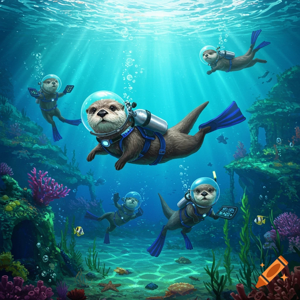 Cute otters in scuba gear swim through a vibrant underwater coral reef, with sunlight filtering from the surface.