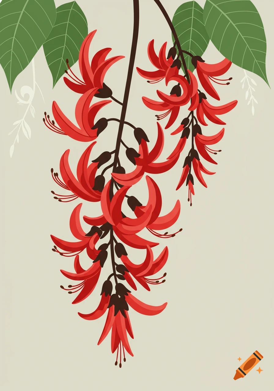 A vector illustration of red Erythrina Crista Galli flowers hanging down with green leaves on a light background.