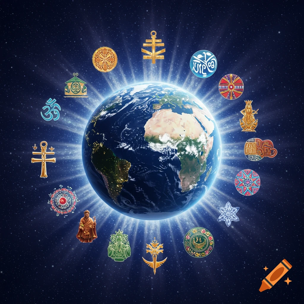 The Earth in space surrounded by various glowing multi-cultural and religious symbols.