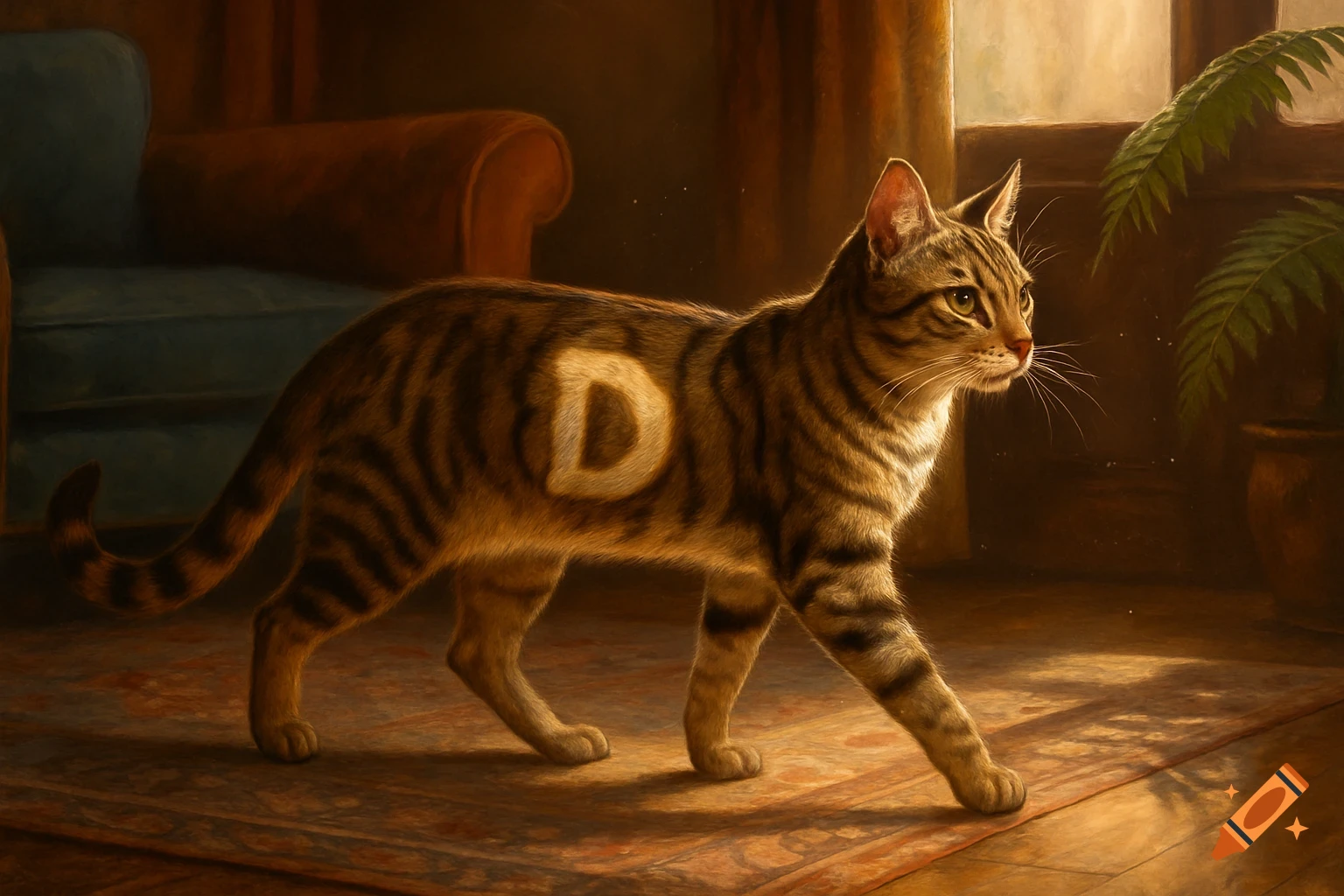A tabby cat with a white letter D on its side walks across a rug in a sunlit room, depicted in a painterly style.