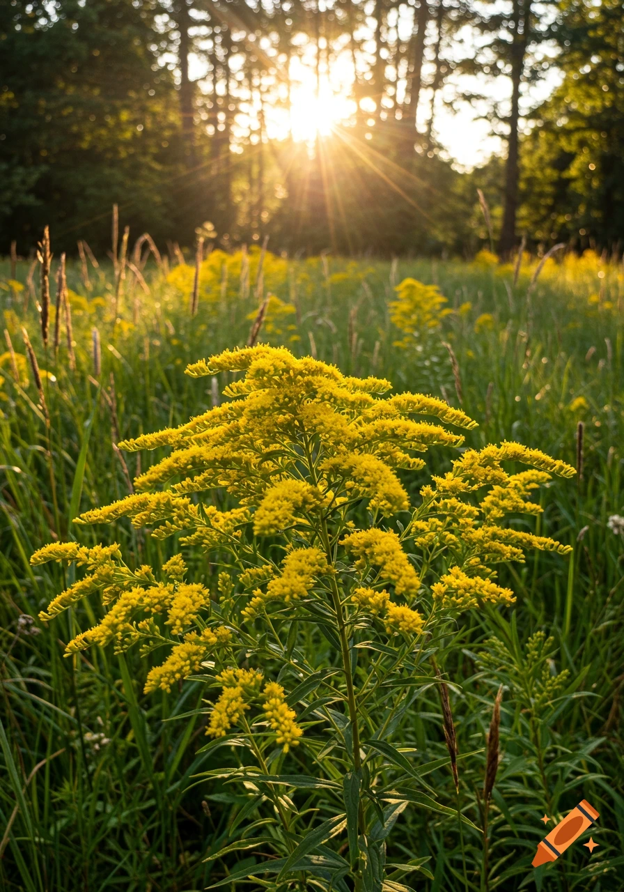 A vibrant yellow goldenrod plant stands tall in a sunlit field, with blurred trees in the background during sunset.