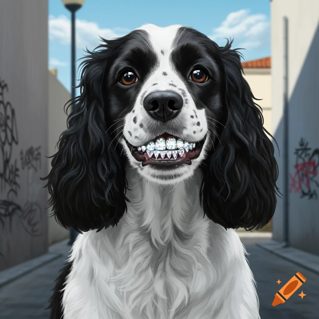 A black and white English Springer Spaniel dog smiles, showing diamond grillz, in an alleyway.