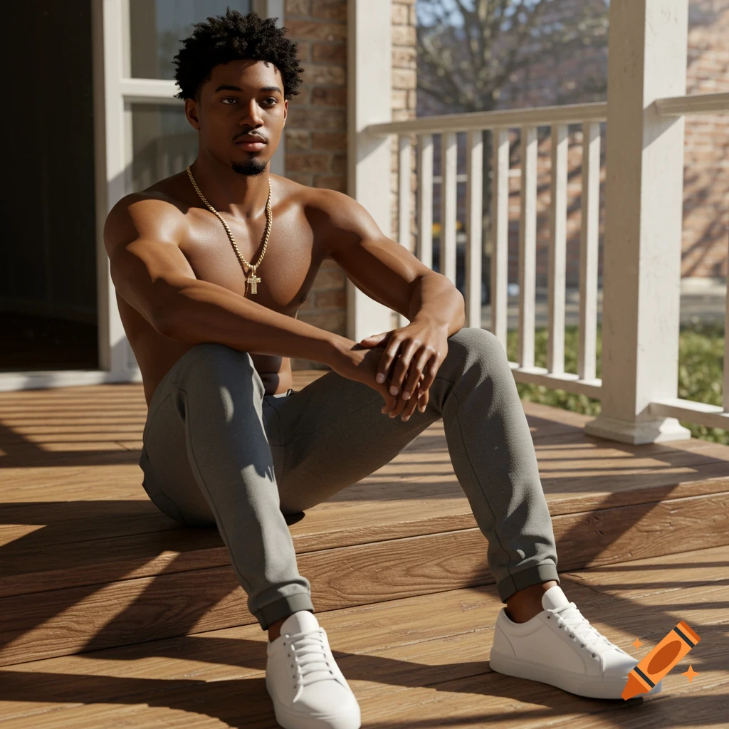 A photorealistic portrait of an African American man with a muscular build, sitting shirtless on a sunny wooden porch.