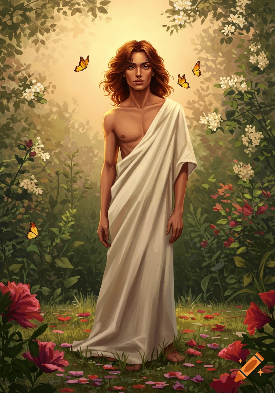 Illustrative portrait of a young man with long hair and white toga standing barefoot in a lush, sunlit garden with butterflies and flowers.