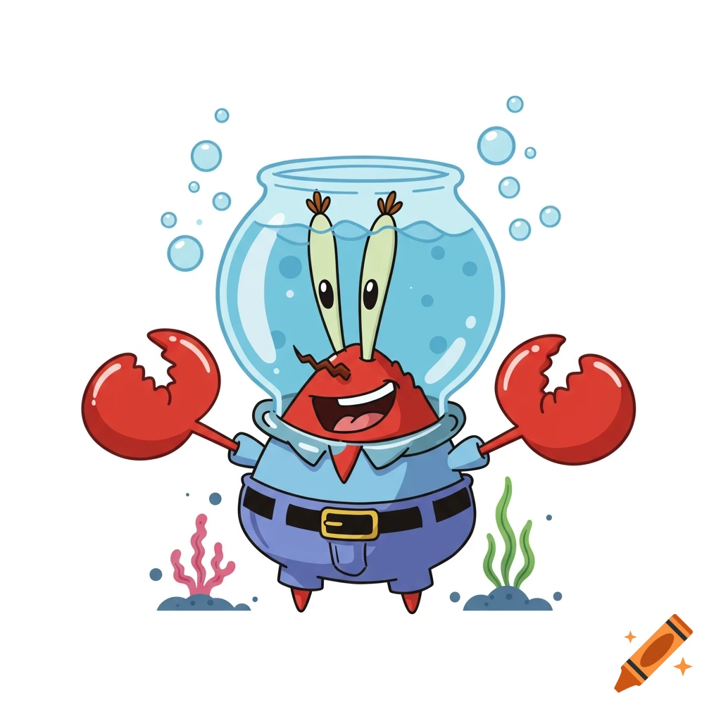 Cartoon Mr. Krabs from SpongeBob wearing a water fishbowl helmet with bubbles and seaweed.