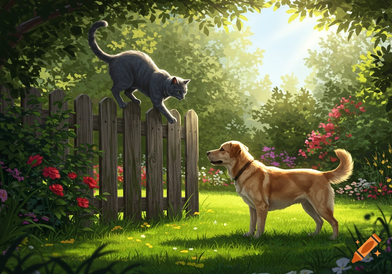 A gray cat on a wooden fence looks down at a golden retriever dog in a sunny, vibrant garden with flowers and trees.