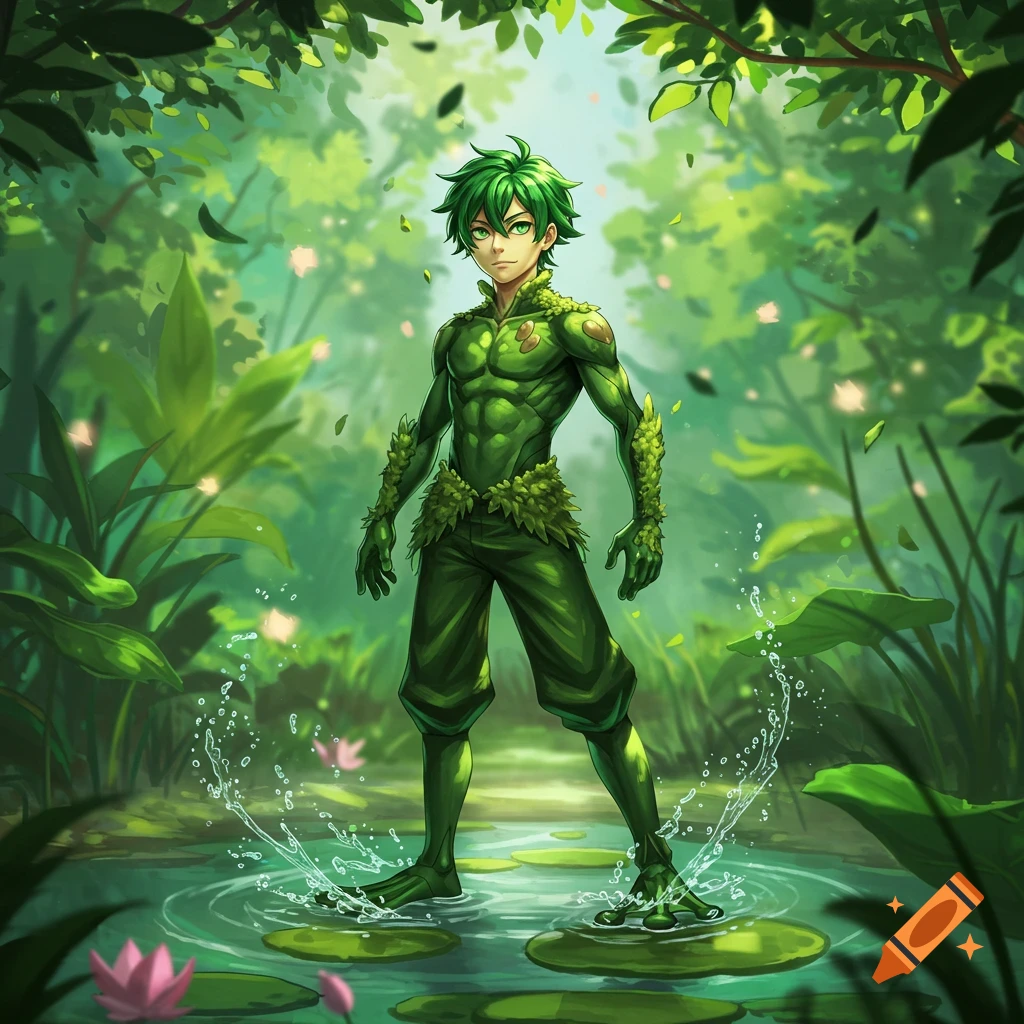 An anime character with green skin and hair, dressed in a leafy green suit, stands in a pond with lily pads, surrounded by a lush forest.