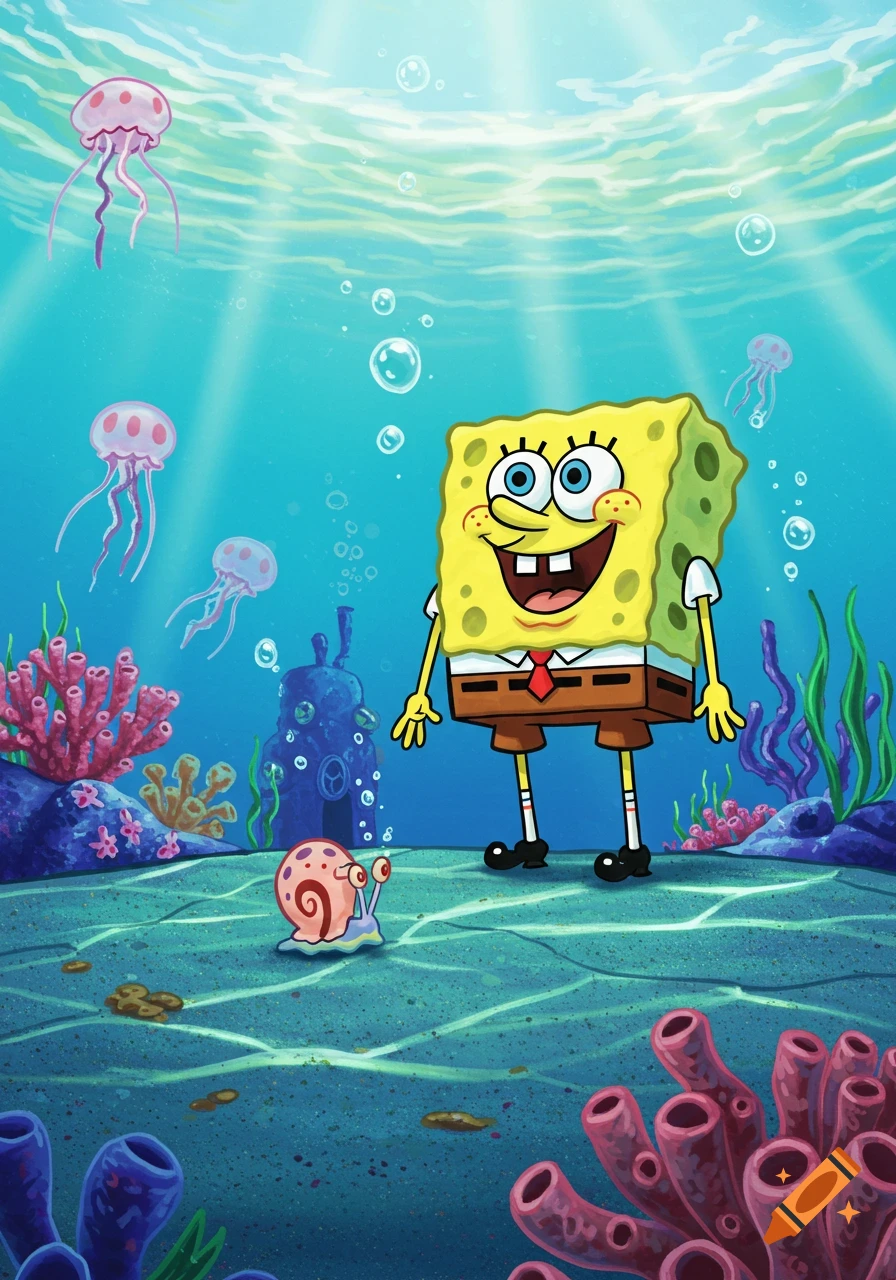 Spongebob Squarepants and Gary the snail smile underwater surrounded by pink jellyfish, coral, and a blue house.