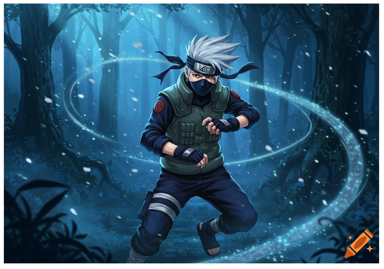 An anime illustration of Kakashi Hatake from Naruto, standing in a dark, snowy forest with a swirling blue aura.
