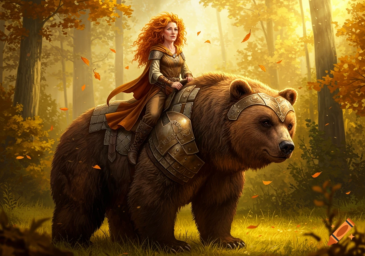 A red-haired woman in armor rides a large armored bear through a sunlit autumn forest with falling leaves.