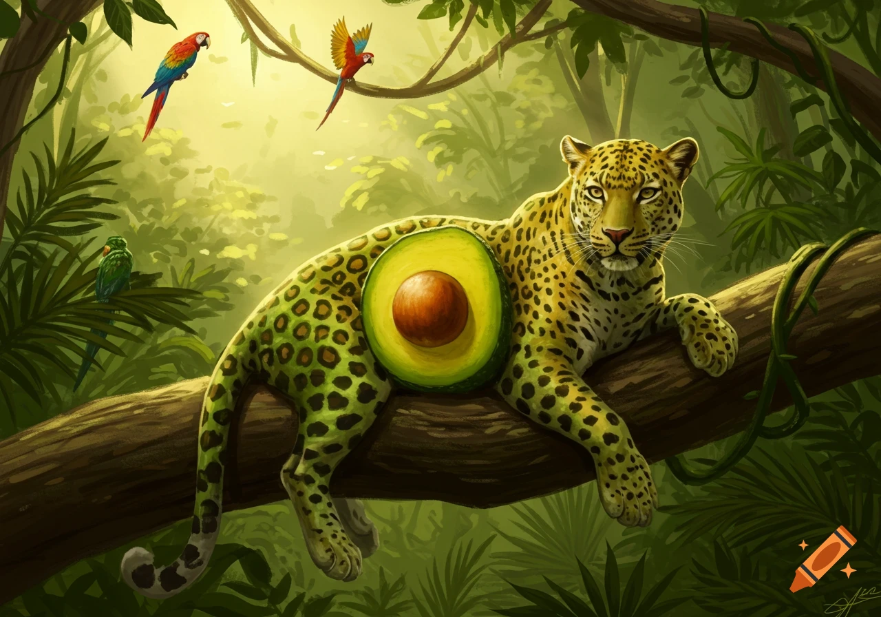 A leopard with an avocado for a body rests on a jungle branch, surrounded by parrots and lush foliage in a vibrant, stylized illustration.