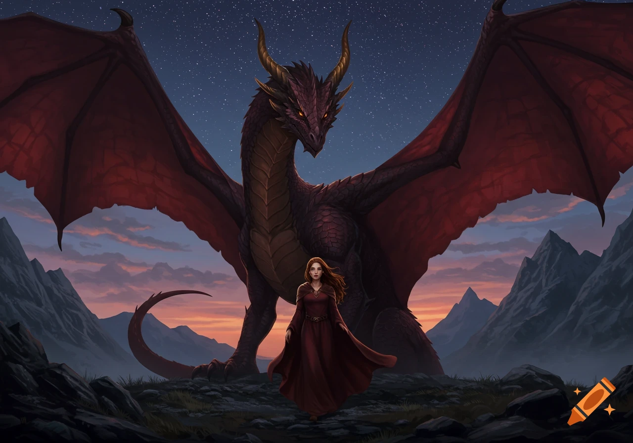 A large dark red dragon behind a woman in a matching red dress, standing in a rocky landscape with mountains and a starry sky.