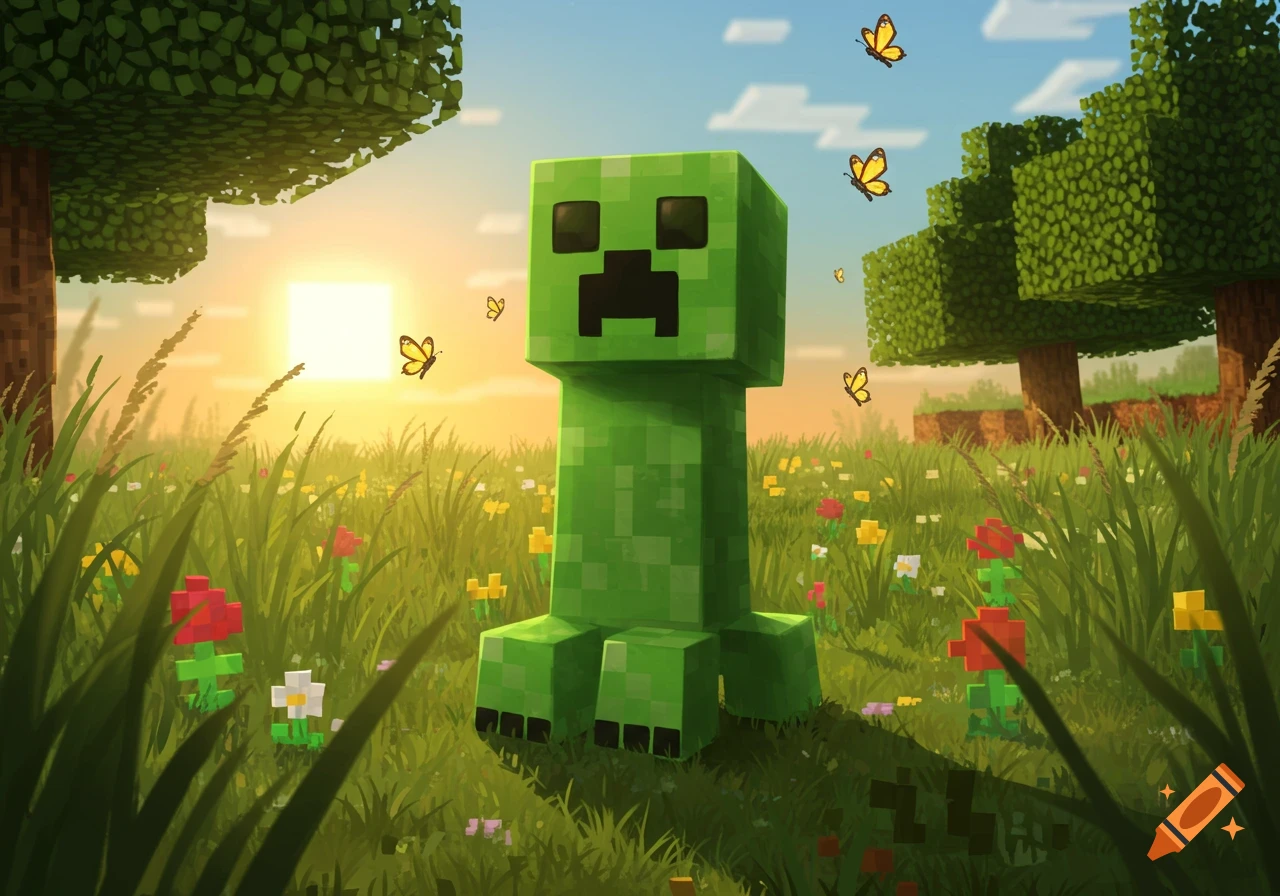 A blocky green Minecraft Creeper stands in a field of colorful flowers with butterflies at sunset.