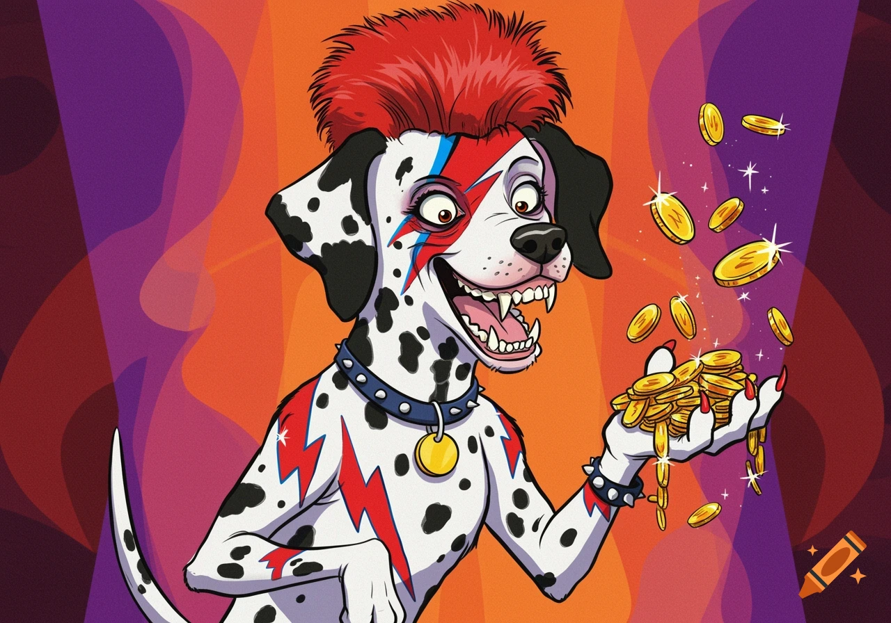 A cartoon Dalmatian dog with red hair and a lightning bolt on its face, like Ziggy Stardust, laughs while holding a pile of gold coins.