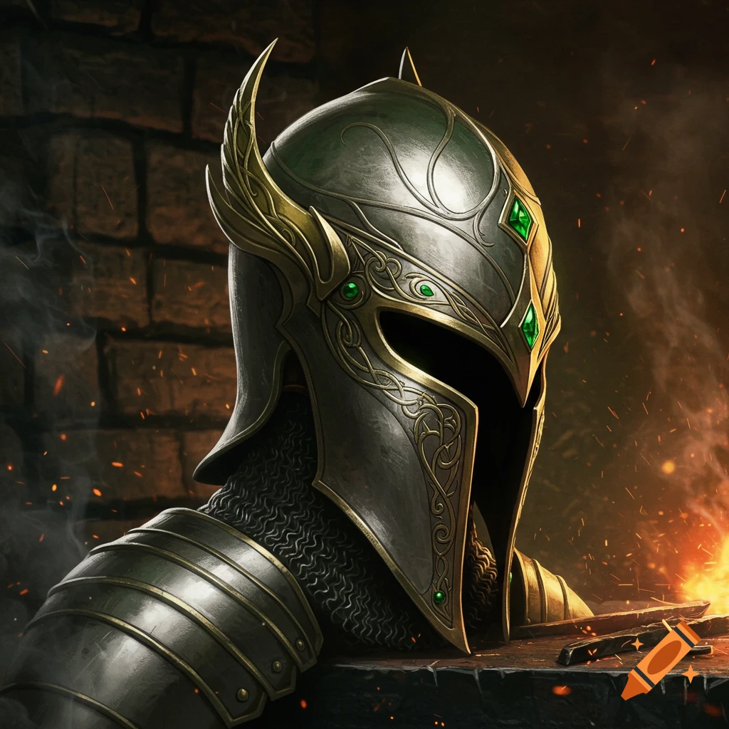 Close-up of an ornate dark metal knight helmet with gold accents and green jewels, chainmail visible, against a dark brick wall with fire sparks.