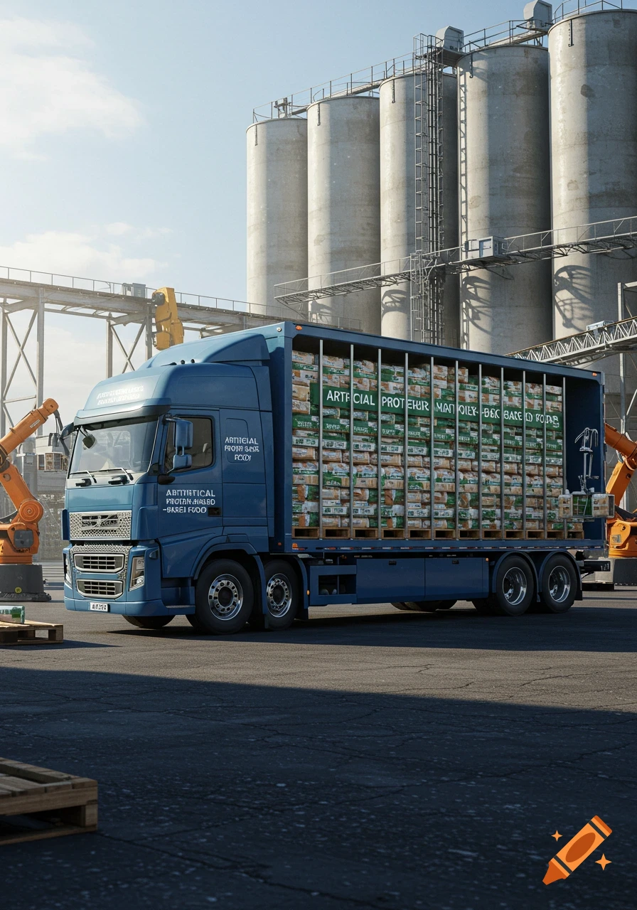 A blue semi-truck loaded with 'artificial protein based food' packages at an industrial facility with silos, photorealistic.
