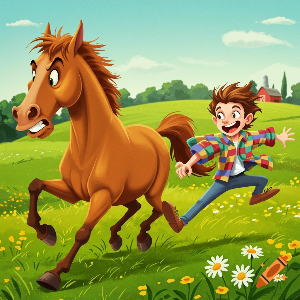 A cartoon brown horse with an angry face chases a happy boy through a sunny green field with flowers and a red barn.