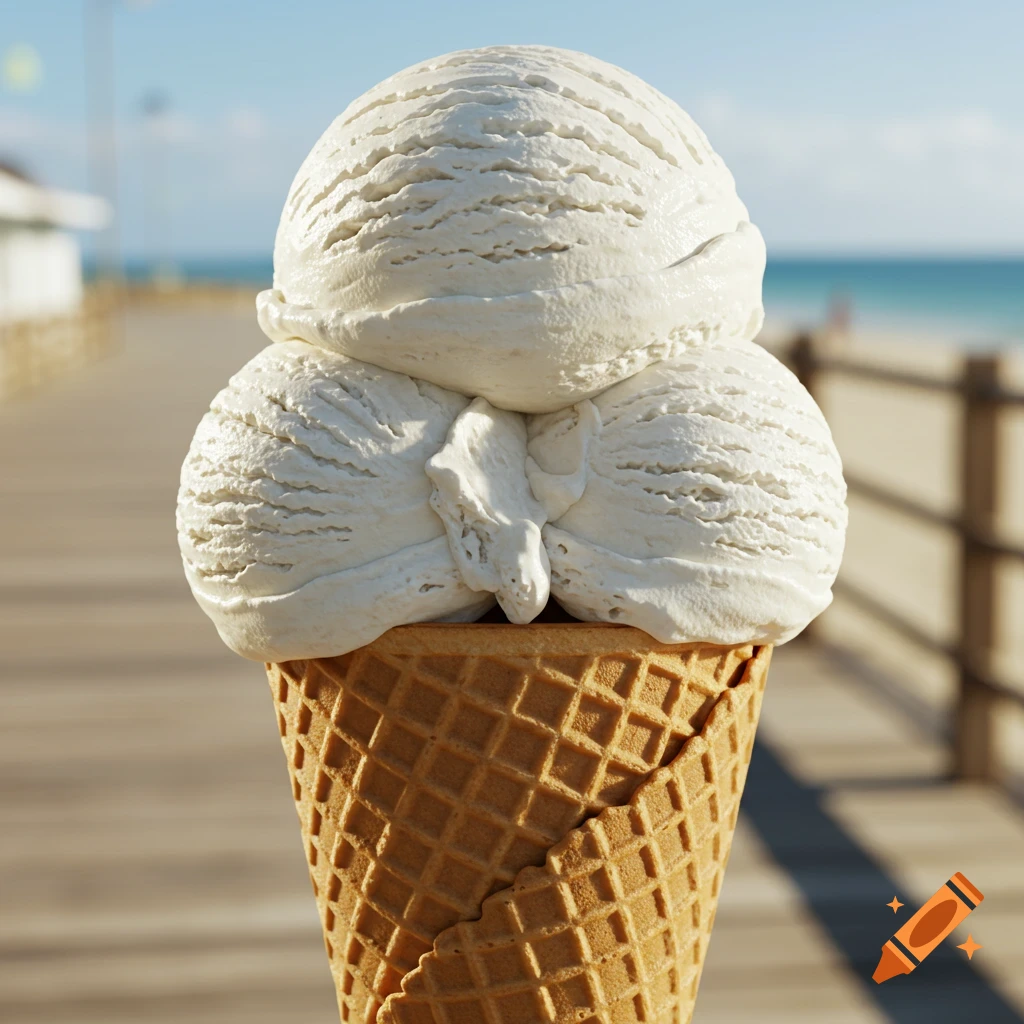 Photorealistic vanilla ice cream cone with three scoops on a boardwalk by the beach.