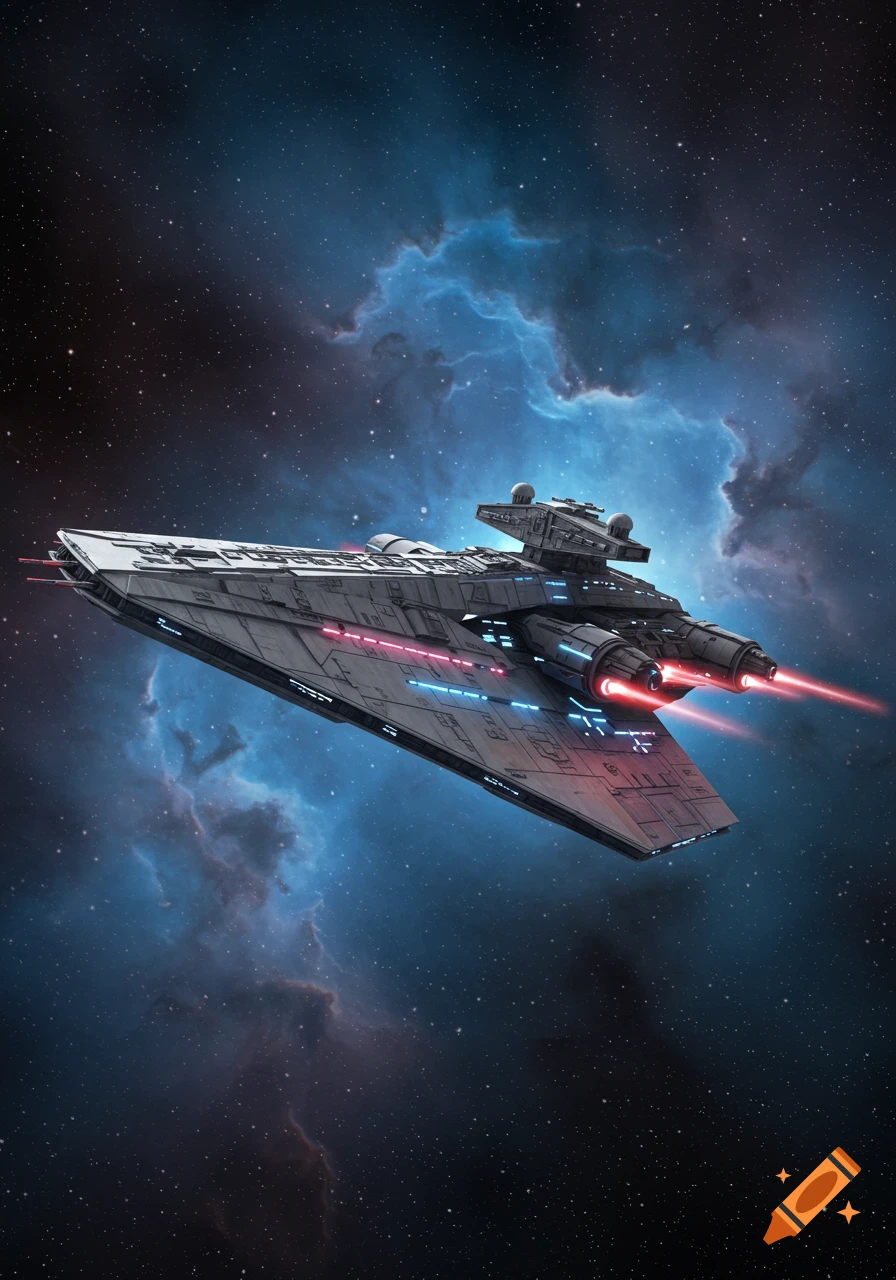 A large, detailed grey sci-fi spaceship with red engine glows and blue lights soars through a starry space with a vibrant blue nebula.