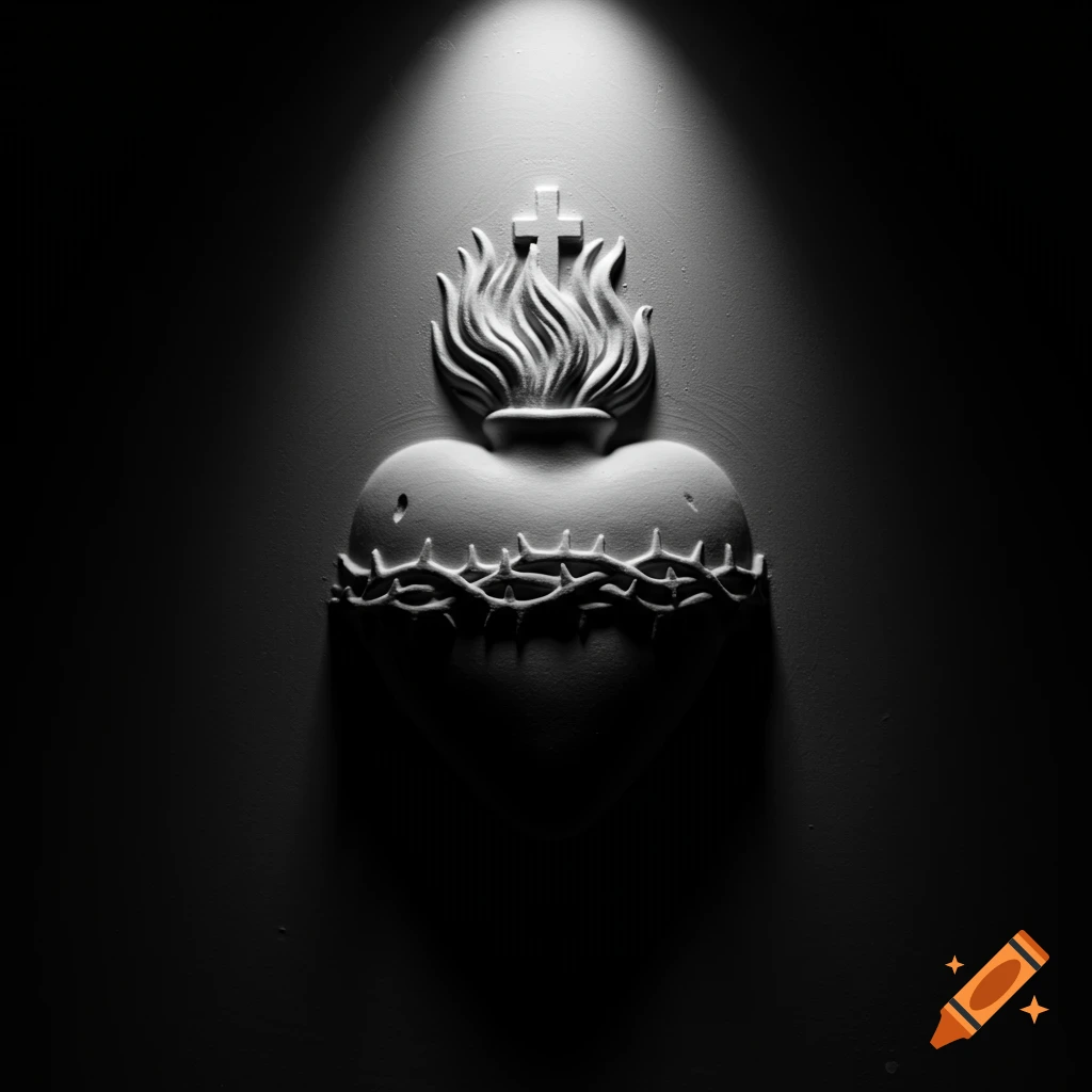 Black and white bas relief of the Sacred Heart of Jesus with dramatic overhead lighting.
