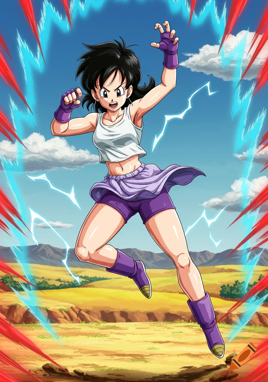 Anime illustration of Videl from Dragon Ball Z mid-air in a fighting pose, surrounded by blue and red energy, against a desert landscape.