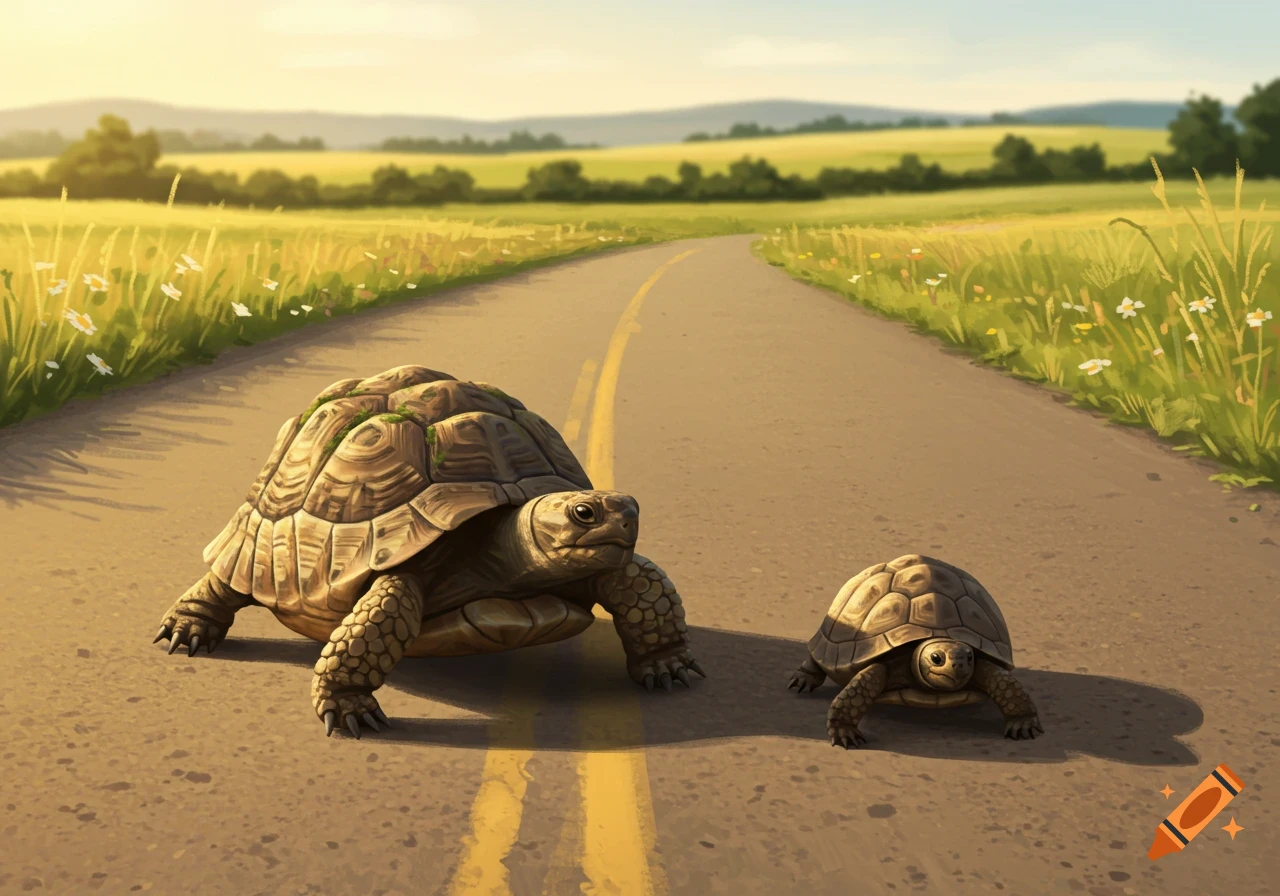 Two tortoises on a rural road, a larger one in front and a smaller one behind, with golden fields and hills.
