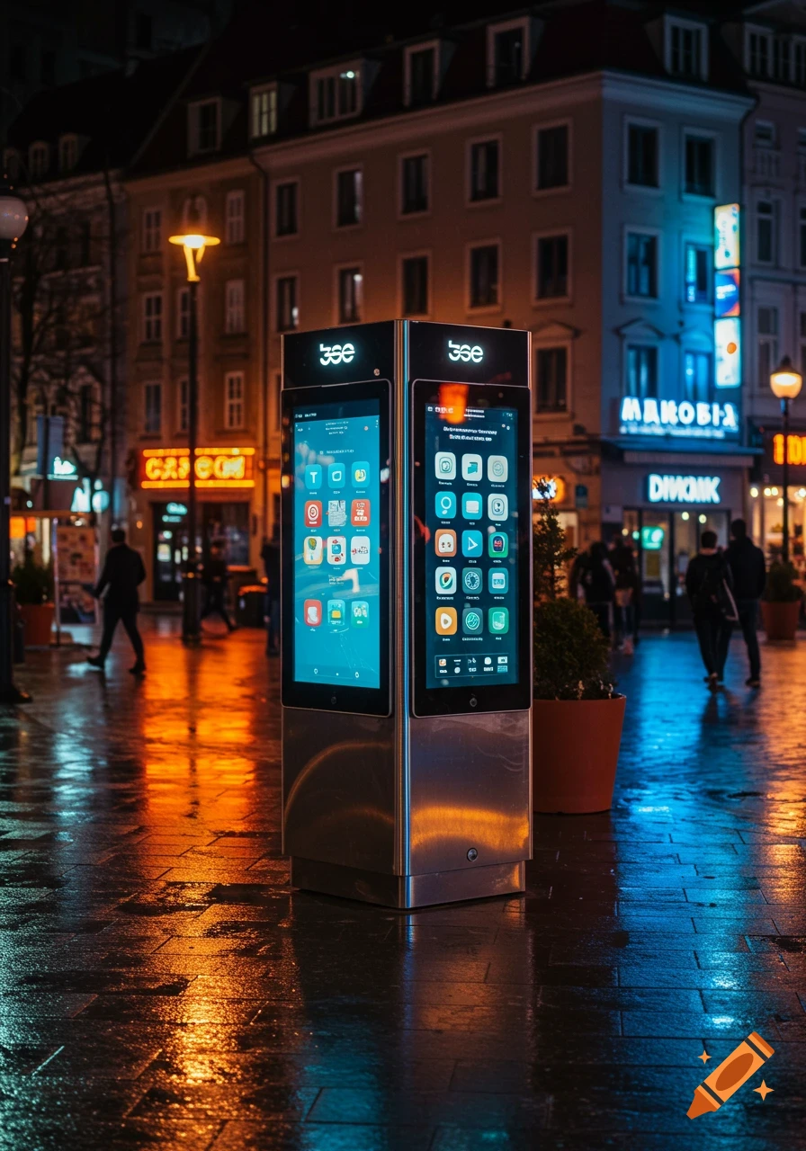Two digital kiosks glowing on a wet city street at night, reflecting neon lights and blurred figures.