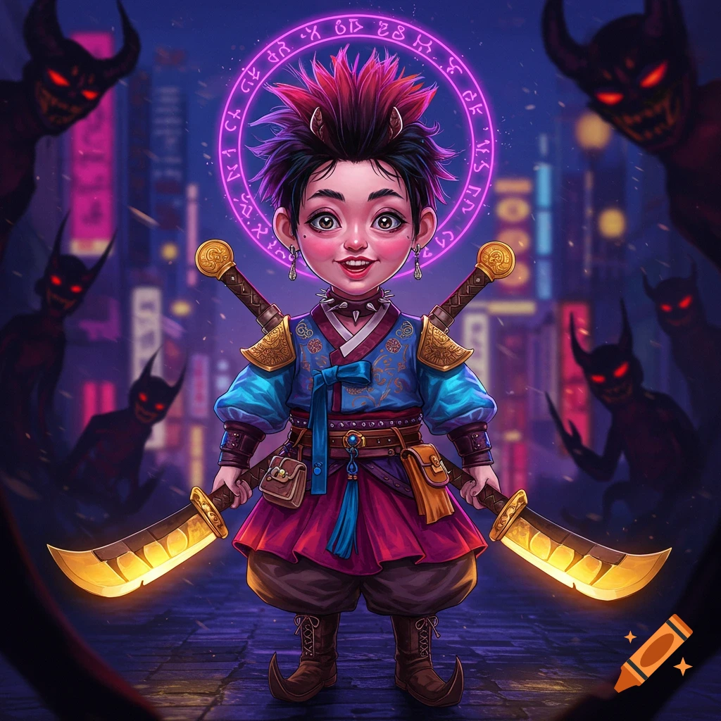 A cute, stylized child demon hunter with glowing swords and a magic halo stands on a neon city street surrounded by shadowy demons.