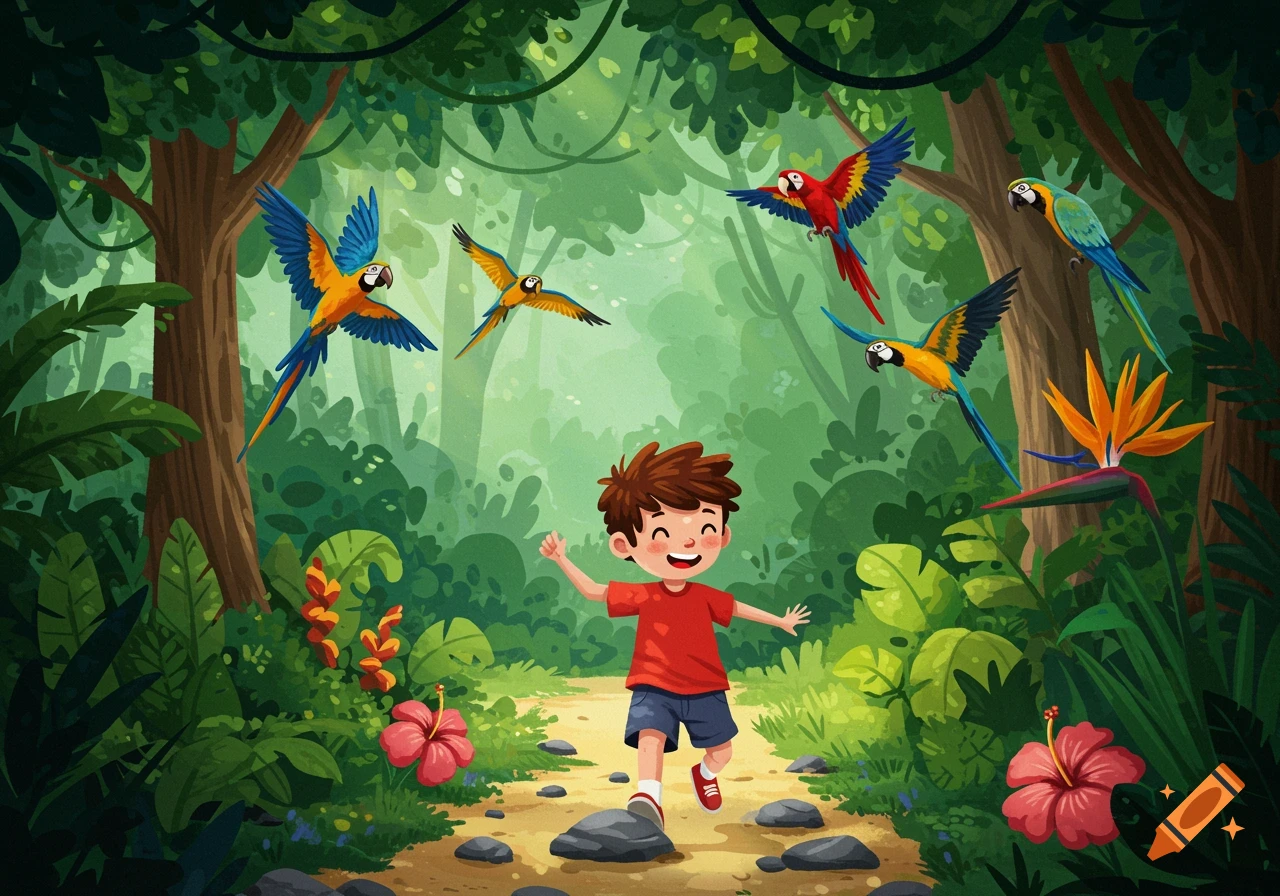 A happy cartoon boy runs on a jungle path with colorful parrots flying overhead and lush green foliage.
