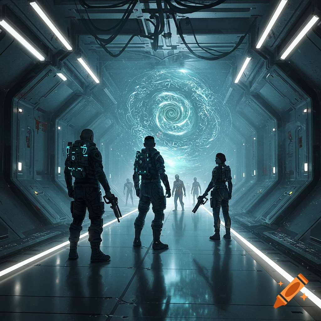 Three armored figures with weapons stand in a futuristic hallway, facing a glowing blue portal with distant shadowy figures. Digital art.