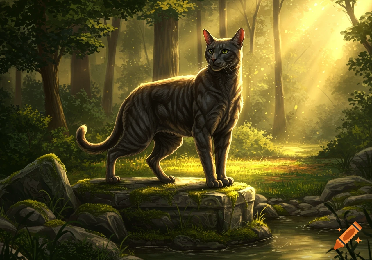 A grey tabby cat with green eyes stands on a mossy rock by a stream in a sunlit forest.