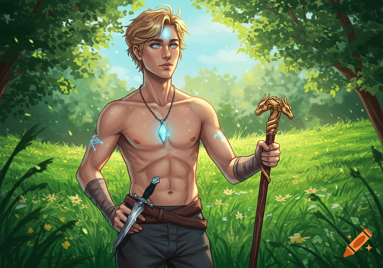 A handsome blonde man with blue eyes and a glowing crystal necklace stands shirtless in a sunlit forest, holding a dragon-headed staff and a dagger.