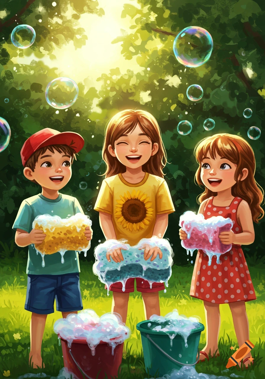 Three happy children play outdoors with soapy sponges and bubbles in a vibrant illustration.